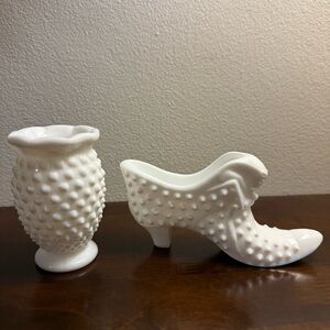 White Hobnail Vase and Shoe Figurine Set